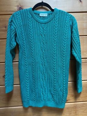 Vintage Jumper cotton viscose cable knit sweater teal equestrian horse S